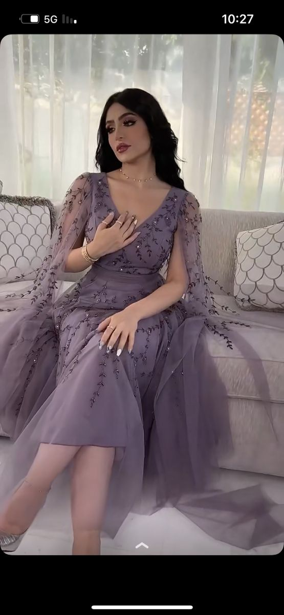 Robe de soirée de rêve, élégante robe de soirée en tulle violet, col en V, manches longues Y5028
