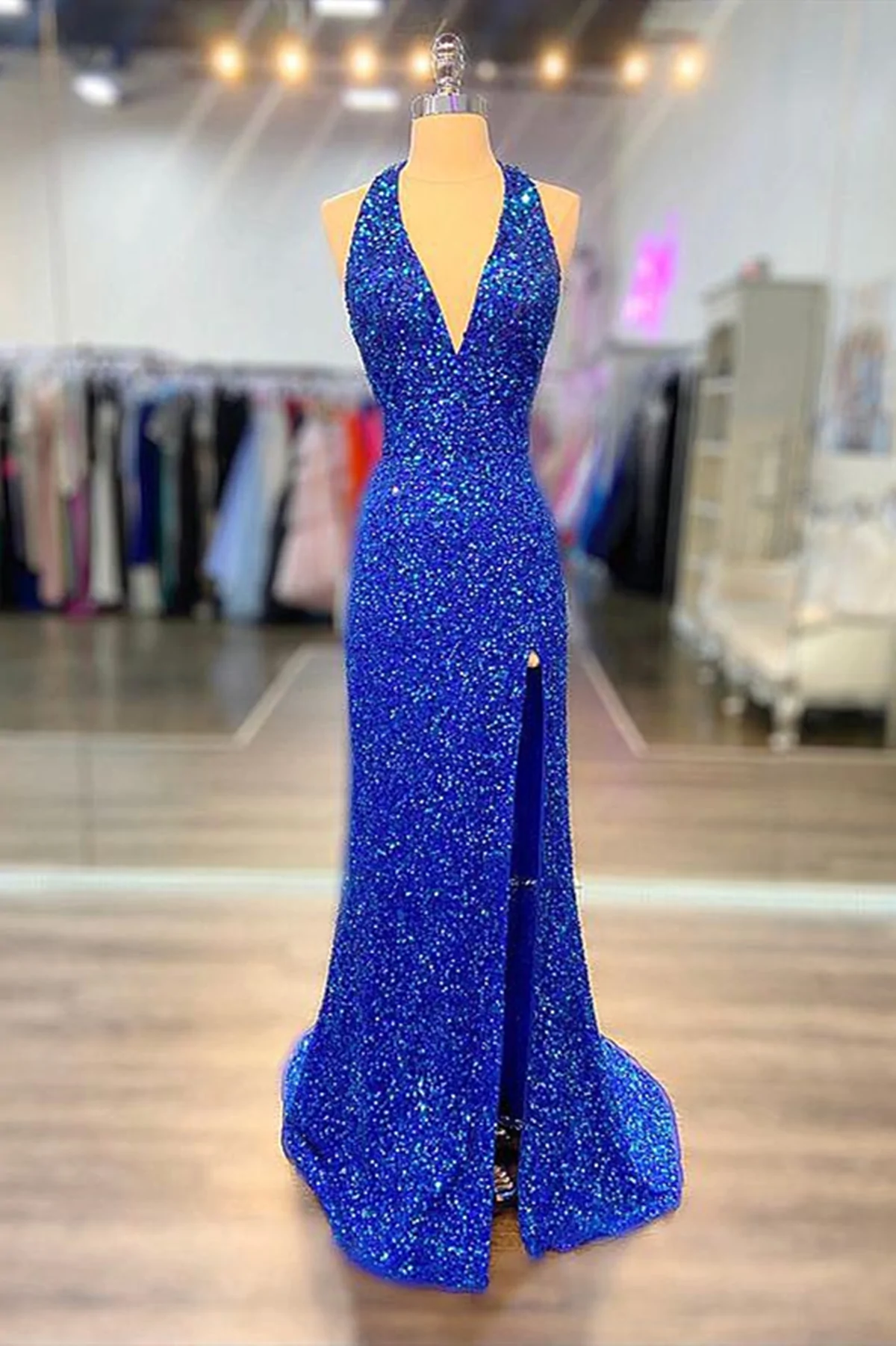 Vestidos largos de fiesta azul real con cuello halter, vestidos largos de noche formales azul real brillantes Y124