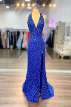 Vestidos largos de fiesta azul real con cuello halter, vestidos largos de noche formales azul real brillantes Y124