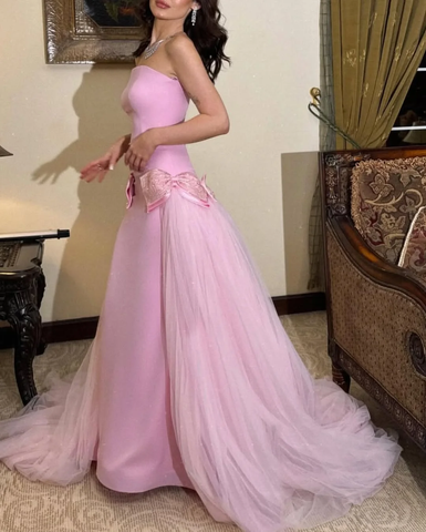 Vestido largo de fiesta rosa dulce sin tirantes con lazo, vestido de noche de tul y satén Y8053