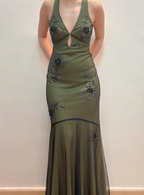 Robe de soirée sirène vintage en satin à perles et dos nu, robe de bal verte sexy Y8228