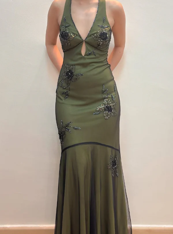 Robe de soirée sirène vintage en satin à perles et dos nu, robe de bal verte sexy Y8228