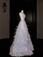 Vestido de noche de corte A, corte glamuroso, con escote en V, tul, cuentas y plumas, modelo Y8682
