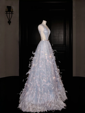 Glamorous V Neck Tulle Beaded Feathers A Line Prom Dress Evening Dress Y8682