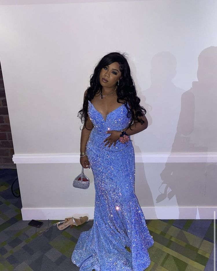 Vestido de noche de sirena con lentejuelas azules brillantes para niñas negras Y5115