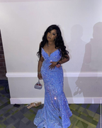 Vestido de noche de sirena con lentejuelas azules brillantes para niñas negras Y5115