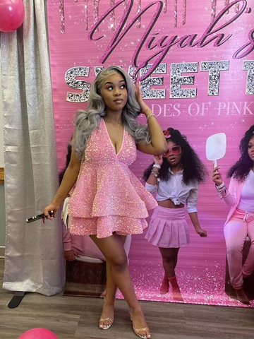 Robe de cocktail rose à paillettes et dos nu, coupe trapèze, modèle Y4245