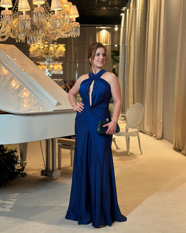 Blue Halterneck Pleated Mermaid Long Prom Dress Evening Dress Y8475