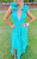 Vestido largo de fiesta sencillo con escote en V y volantes, corte en A, modelo Y4626