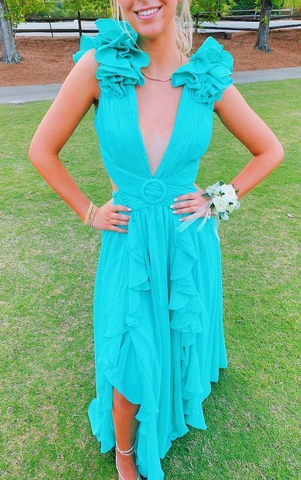 Robe de bal longue trapèze à col en V et volants, robe de soirée simple Y4626