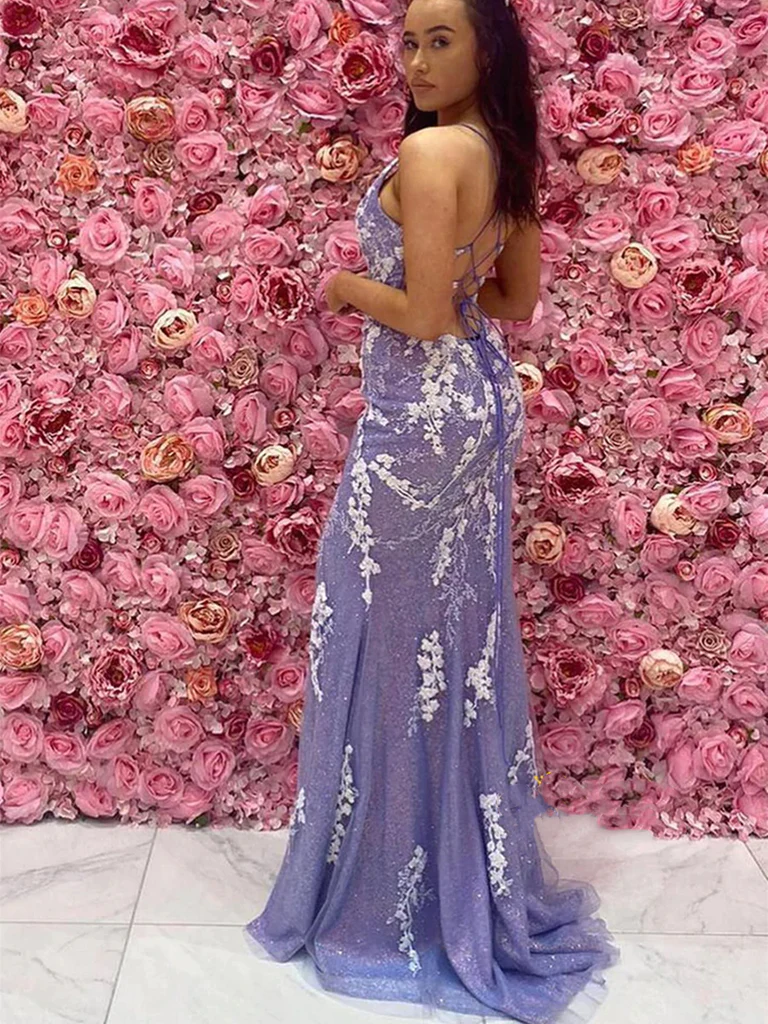 Vestidos largos de fiesta de sirena con escote en V, espalda descubierta y encaje morado, con abertura alta, estilo sirena, vestidos de noche formales de graduación morados Y344