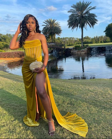 Gold Draping Corset High Slit Velvet Gown Gold Evening Dress Y5342