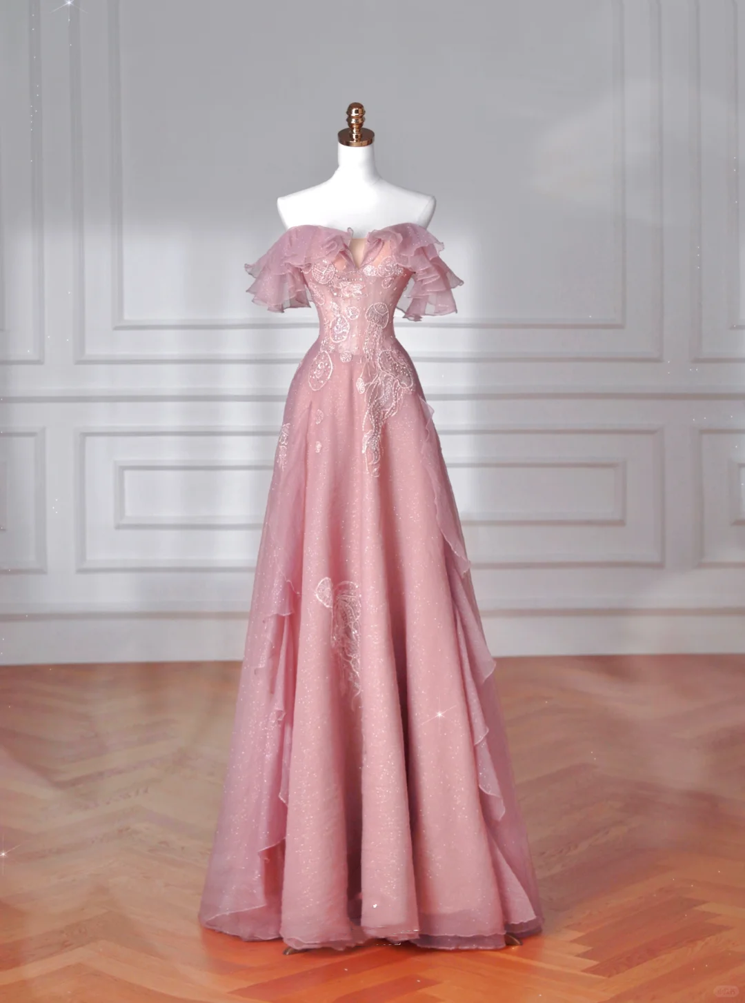 Vestido de fiesta largo de noche, corte en A, de tul rosa dulce, lentejuelas y cuentas, con hombros descubiertos Y8643