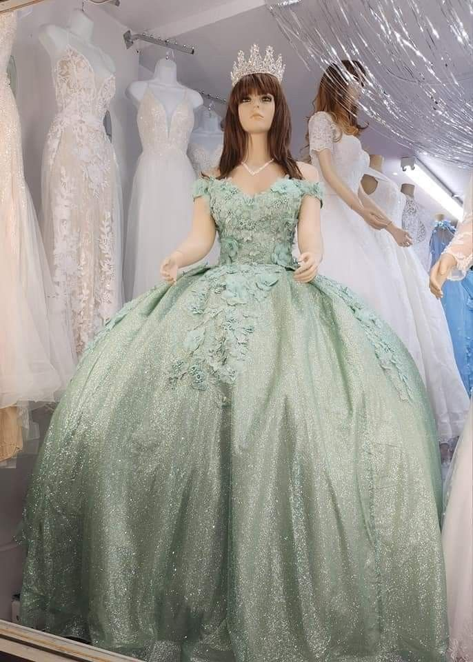 Vestido de gala verde salvia brillante con hombros descubiertos, vestido para quinceañera Y2265