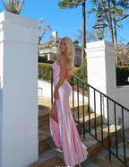 Vestido de noche de sirena con apliques de satén rosa, abertura larga y estilo sirena Y8263