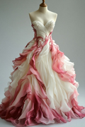 Robe de bal longue vintage en mousseline de soie rose dégradé, ornée de perles et de fronces, modèle Y8523
