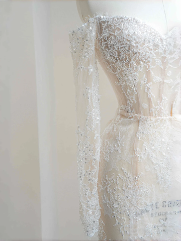 Romantic White Lace Appliques Tulle Sequin Mermaid Prom Dress Off Shoulder Evening Dress Y8663