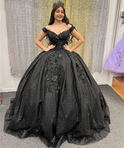 Vestidos de quinceañera con lentejuelas negras estilo princesa, ideales para fiestas de 15 y 16 años (modelo Y5745).