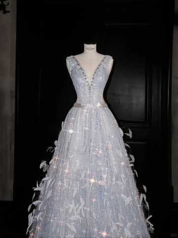 Glamorous V Neck Tulle Beaded Feathers A Line Prom Dress Evening Dress Y8682