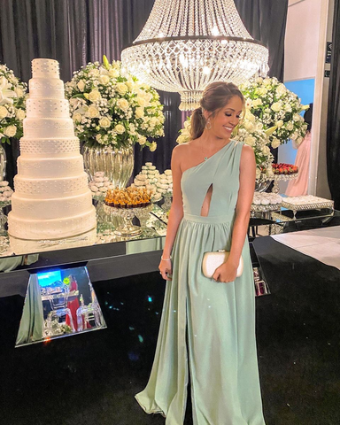 Vestido de noche verde menta de un solo hombro, vestido de dama de honor Y5101