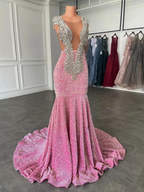 Vestidos de graduación rosa brillante, vestido de noche de sirena rosa con lentejuelas sexys para concursos de belleza Y477