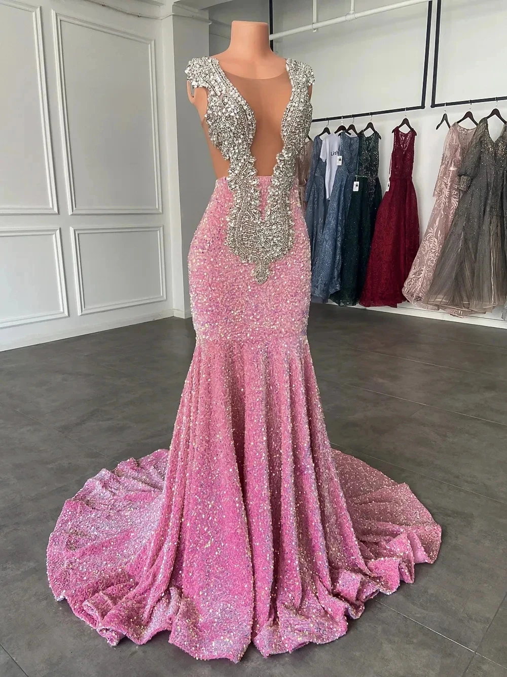 Vestidos de graduación rosa brillante, vestido de noche de sirena rosa con lentejuelas sexys para concursos de belleza Y477
