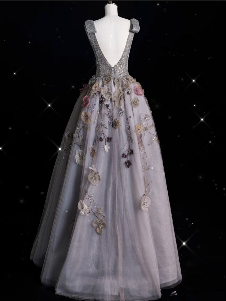 Vestido de baile largo de noche con escote en V, tul gris y estampado floral, modelo Y7953