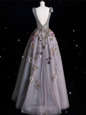 Charming V Neckline Gray Tulle Floral Ball Gown Long Evening Gown Prom Dress Y7953