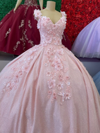 Vestido de baile rosa con escote en V brillante y encaje floral Y2696
