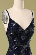Vestido de noche azul marino con lentejuelas y cuentas, elegante vestido de graduación Y1832