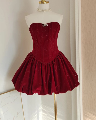 Robe de bal plissée brillante en velours bordeaux, ravissante Y7752