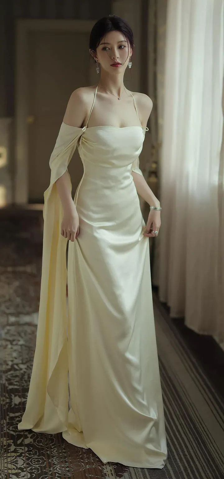 Robe de bal longue dos nu sexy en satin blanc à manches longues Y2080