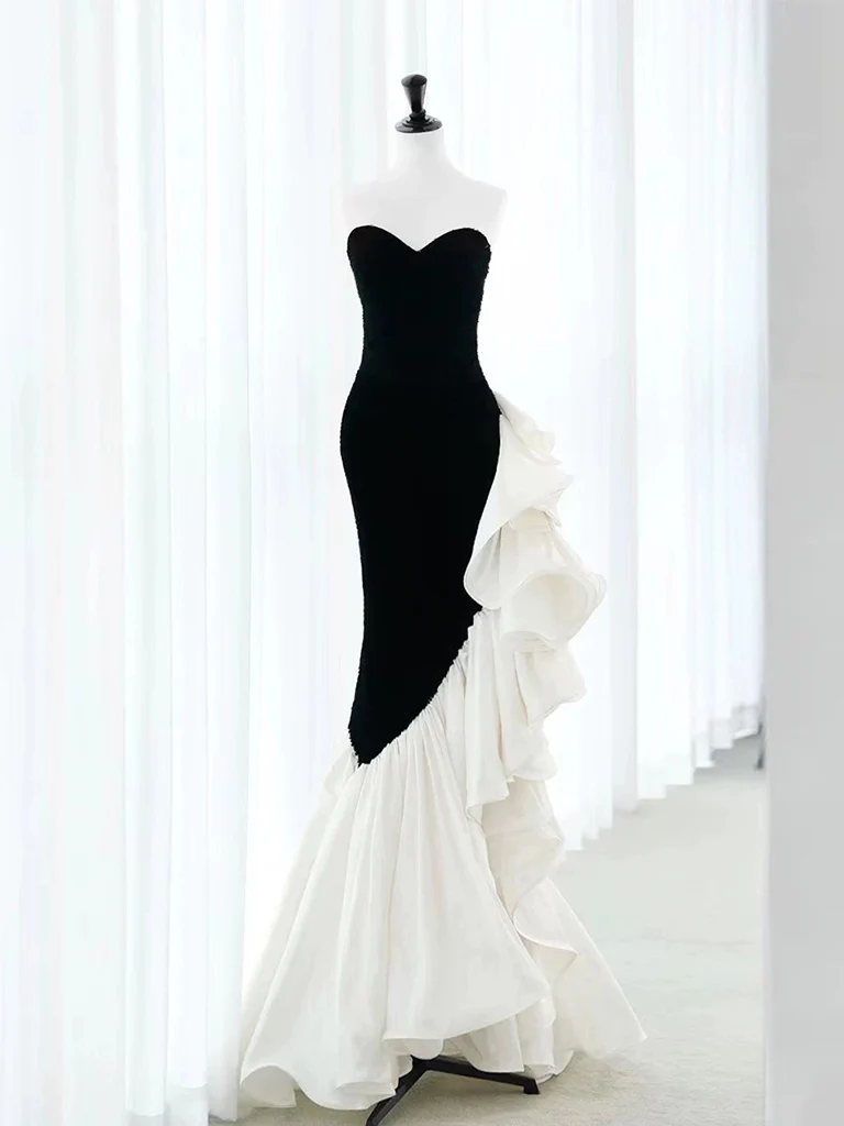 Chic Velvet Black Long Prom Dress Mermaid Pleated Evening Dress Y8048