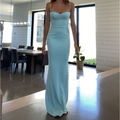Robe de soirée élégante en satin bleu à fines bretelles, modèle Y8232