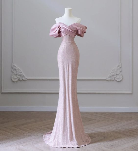 Vestido de noche elegante de lentejuelas rosa carne para mujer, estilo fiesta, graduación o vestido de noche con hombros descubiertos Y6963