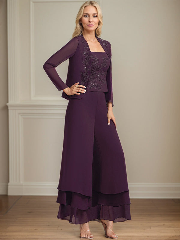 Conjunto de pantalón y chaqueta de dos piezas, corte cuadrado, largo hasta el tobillo, encaje, gasa, vestido de madre de la novia con lentejuelas 