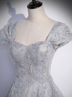 Vestido largo de fiesta gris de tul con lentejuelas, corte en A, vestido de noche formal gris Y4733