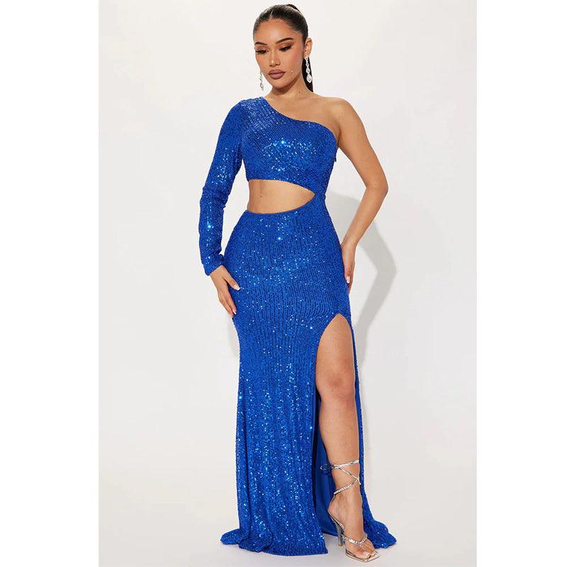 Vestido de noche sexy ajustado con un solo hombro y perlas