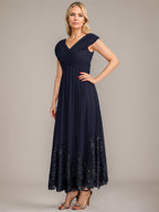 Vestido de gasa de corte evasé, escote en V, largo hasta el tobillo, para la madre de la novia, con apliques de lentejuelas. 