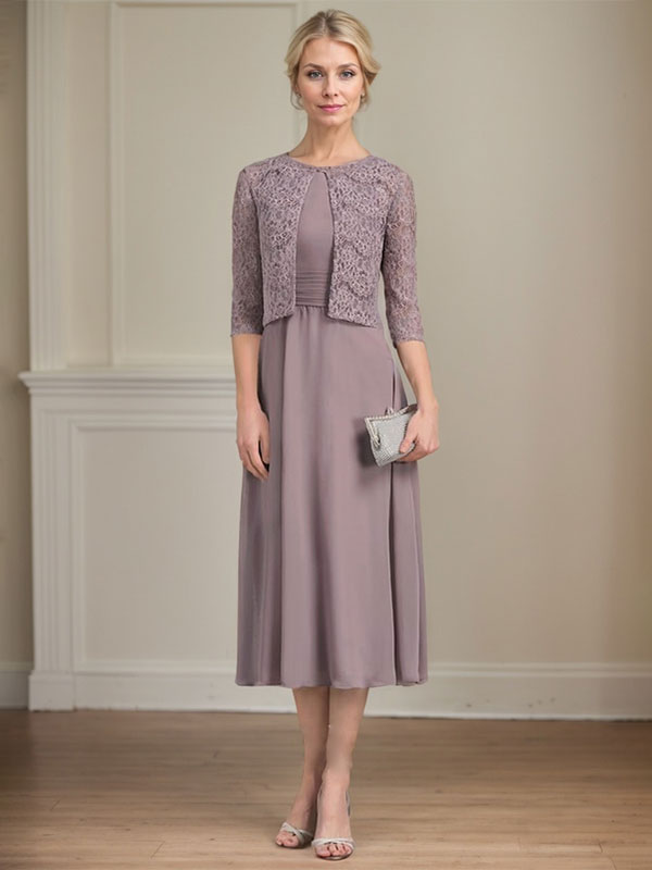 Vestido de chifón de corte línea A, largo té, para la madre de la novia, con escote redondo y pliegues.