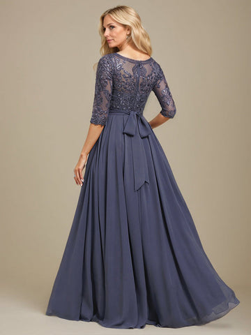 A-Line Scoop Floor-Length Lace Chiffon Mother Of the Bride Dress With Sequins Applique