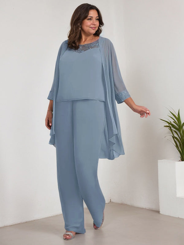 Tailleur-pantalon en mousseline à manches longues et col rond pour la mère de la mariée, avec veste 