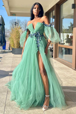Robe de bal longue trapèze en tulle et dentelle florale 3D à épaules dénudées