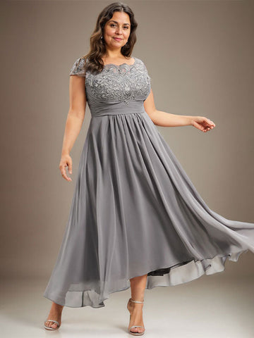 A-line Scoop Illusion Asymmetrical Lace Chiffon Mother of the Bride Dress With Pleated