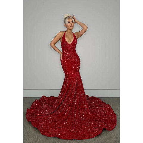Robe de soirée longue sirène à paillettes, col en V, dos nu, avec traîne