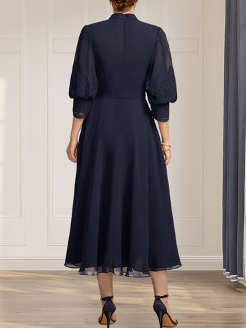 A-line High Neck Tea-Length Lace Chiffon Mother of the Bride Dress With Bow