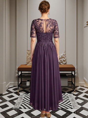 A-line Scoop Illusion Asymmetrical Chiffon Lace Mother of the Bride Dress With Sequins