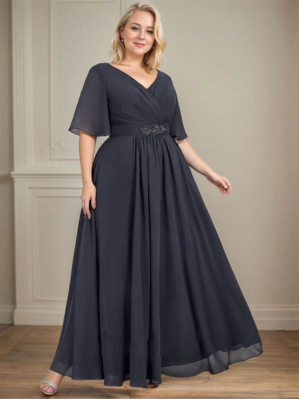 Robe de mère de la mariée en mousseline de soie, coupe trapèze, col en V, longueur cheville, ornée de sequins et de perles plissées