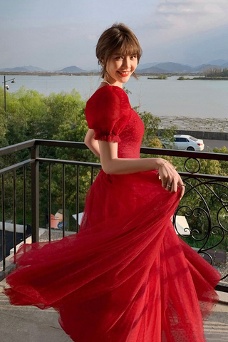 Precioso vestido de fiesta rojo de tul corte A, vestido largo de noche Y7771