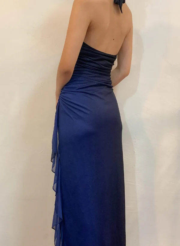 Robe de soirée longue sexy en mousseline bleu marine dégradé à col V et dos nu, référence Y7486